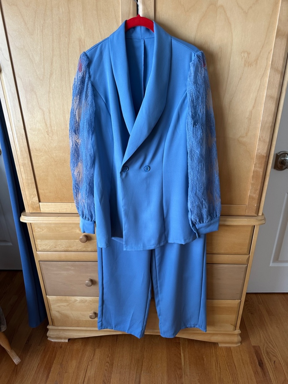 Blue women’s  Two-Piece Suit with Sheer Lace Sleeves